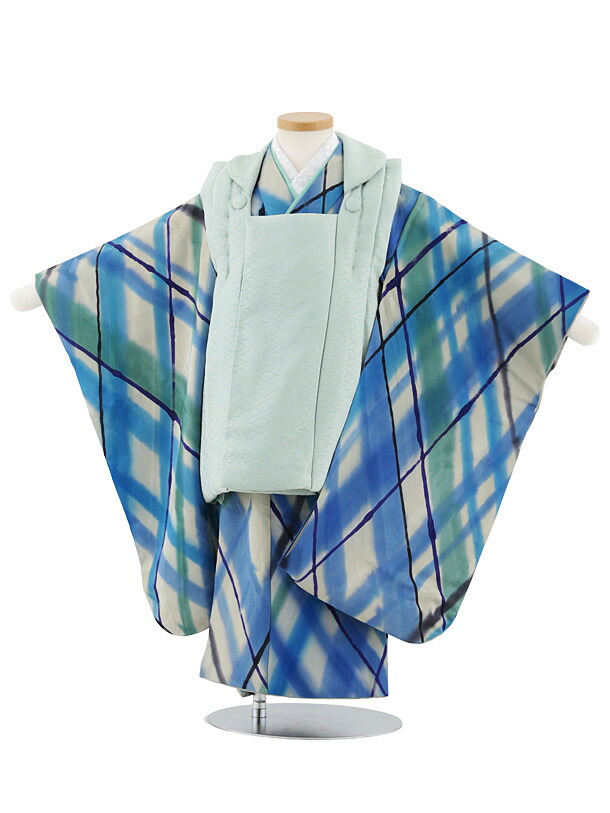 【レンタル】着物 七五三レンタル(3歳男児被布)W550【正絹】ヒワ色×ブルーグレーチェック 3歳 被布 フルセット 男の子 お祝い着 正月 3才 男児 きものレンタル〔往復送料無料〕