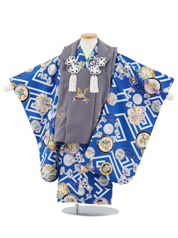 【レンタル】着物 七五三レンタル(3歳男児被布)W571 グレー刺繍兜×青丸紋に吉祥文様 3歳 被布 フルセット 男の子 お祝い着 正月 3才 男児 きものレンタル〔往復送料無料〕