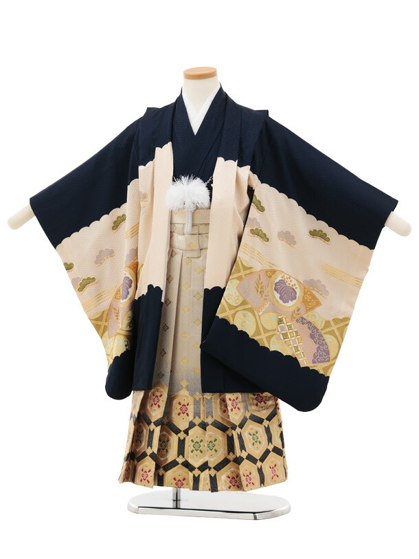 【レンタル】着物 かんたん七五三(5歳男袴)X702【正絹】 紺地 扇絵 鷹×ゴールド亀甲 5歳 袴（簡単着付け） フルセット 男の子 お祝い着 正月 5才 男児 きものレンタル〔往復送料無料〕