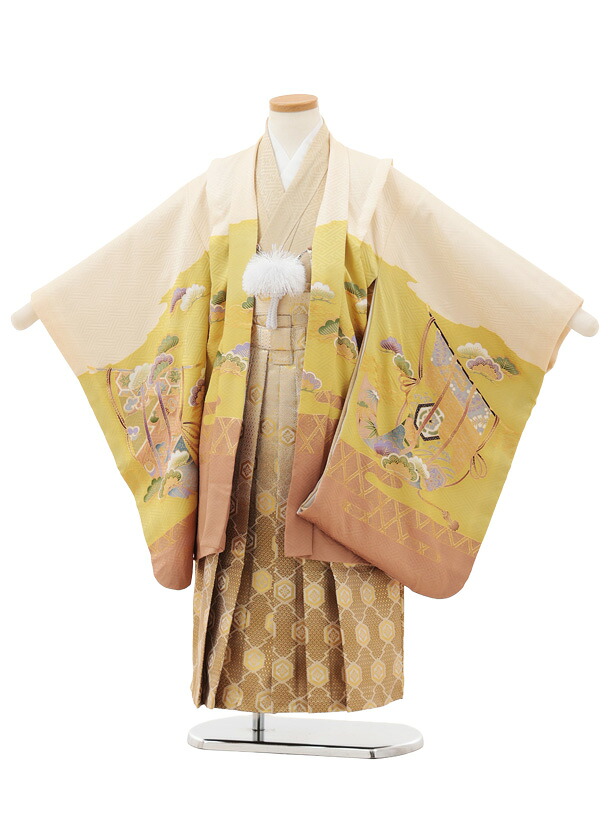 【レンタル】着物 かんたん(5歳袴)X704【正絹】 クリーム萌黄色 吉祥文様 鷹×ゴールドぼかし 5歳 袴（簡単着付け） フルセット 男の子 お祝い着 正月 5才 男児 きものレンタル〔往復送料無料〕