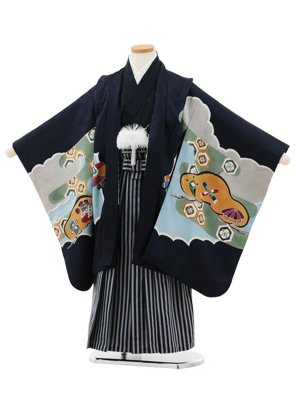 【レンタル】着物 七五三(5歳男袴)X720【高級正絹】紺地 松に吉祥文様 鷹×紺縞 5歳 袴 フルセット 男の子 お祝い着 正月 5才 男児 きものレンタル〔往復送料無料〕