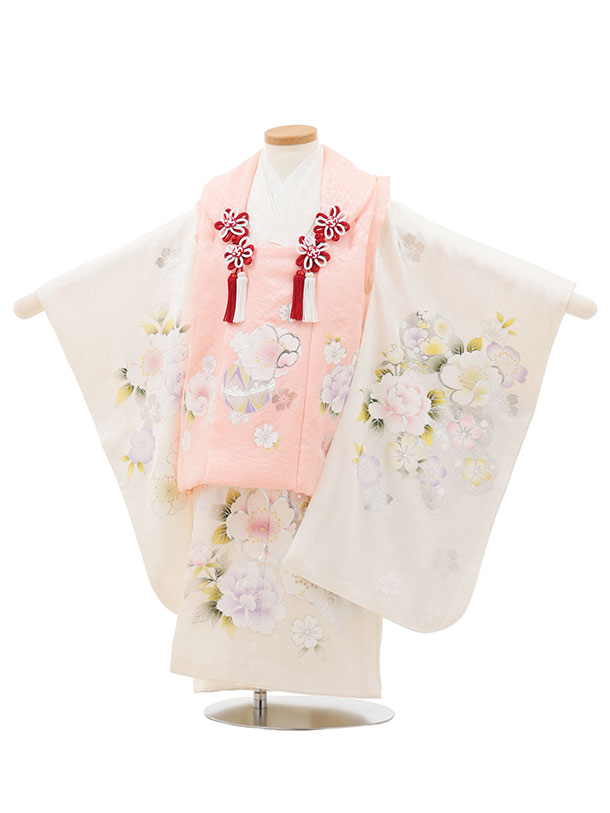 【レンタル】着物 七五三レンタル(3歳女児被布)O208【正絹】ピンク×白 銀彩鞠に桜牡丹 3歳 被布 フルセット 女の子 お祝い着 正月 3才 女児 きものレンタル〔往復送料無料〕