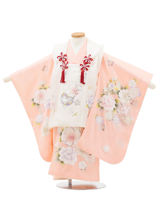 【レンタル】着物 七五三レンタル(3歳女児被布)O209【正絹】白&times;ピンク 銀彩鞠に桜牡丹 3歳 被布 フルセット 女の子 お祝い着 正月 3才 女児 きものレンタル〔往復送料無料〕｜京都かしいしょう
