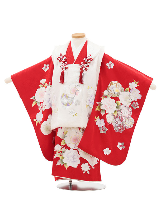 【レンタル】着物 七五三レンタル(3歳女児被布)O210【正絹】白×赤 銀彩鞠に桜牡丹 3歳 被布 フルセット 女の子 お祝い着 正月 3才 女児 きものレンタル〔往復送料無料〕