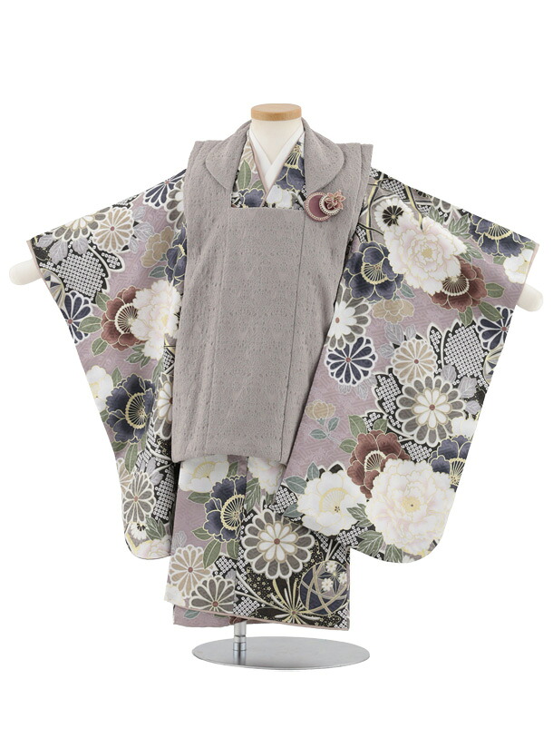 【レンタル】着物 七五三レンタル(3歳女児被布)S036 グレー×パープル古典柄 3歳 被布 フルセット 女の子 お祝い着 正月 3才 女児 きものレンタル〔往復送料無料〕