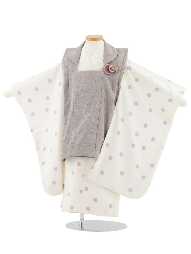 【レンタル】着物 七五三レンタル(3歳女児被布)S040 グレー×アイボリーパープルドット 3歳 被布 フルセット 女の子 お祝い着 正月 3才 女児 きものレンタル〔往復送料無料〕