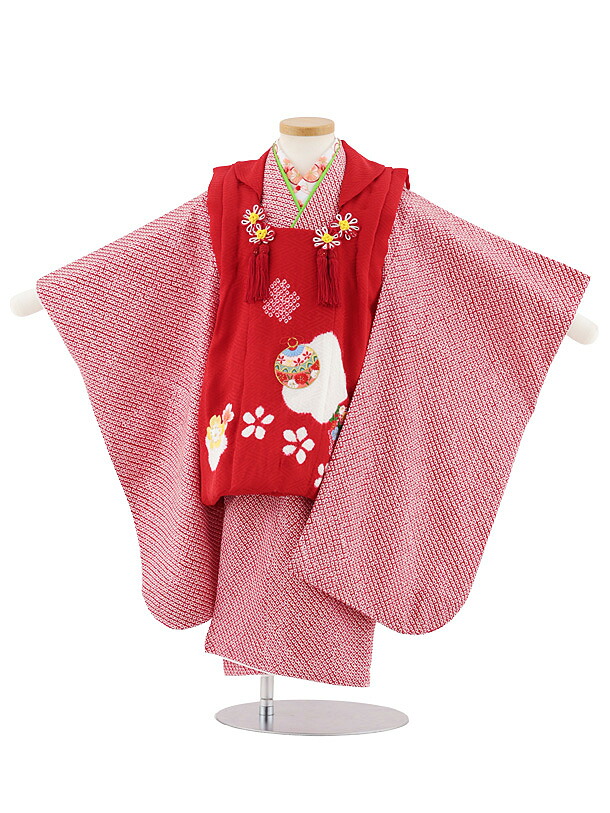 【レンタル】着物 七五三レンタル(3歳女児被布)S059【正絹】赤地刺繍鞠×赤絞り 3歳 被布 フルセット 女の子 お祝い着 正月 3才 女児 きものレンタル〔往復送料無料〕|京都かしいしょう