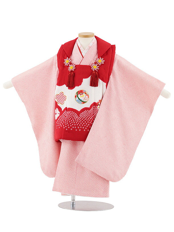 【レンタル】着物 七五三レンタル(3歳女児被布)S060【正絹】赤地刺繍鞠×ピンク絞り 3歳 被布 フルセット 女の子 お祝い着 正月 3才 女児 きものレンタル〔往復送料無料〕