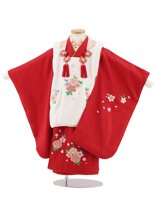 【レンタル】着物 七五三レンタル(3歳女児被布)S063【正絹】白×赤 刺繍桜 3歳 被布 フルセット 女の子 お祝い着 正月 3才 女児 きものレンタル〔往復送料無料〕