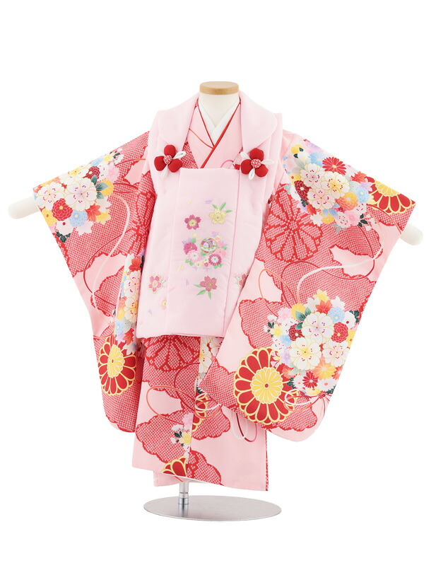 【レンタル】着物 七五三レンタル(3歳女児被布)S067 ピンク刺繍 桜鞠×ピンク薬玉菊 3歳 被布 フルセット 女の子 お祝い着 正月 3才 女児 きものレンタル〔往復送料無料〕