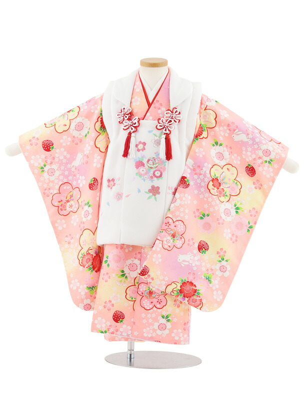 [Rental] Kimono Rental for Shichi-Go-San (3-year-old girl's hifu) S069 White embroidered cherry blossom ball x light pink cherry blossom rabbit strawberry 3-year-old girl's hifu full set Celebration wear New Year's 3-year-old girl's kimono rental [Free round-trip shipping]