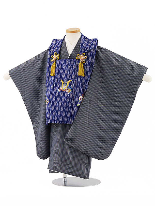 【レンタル】着物 七五三レンタル(3歳男児被布)W386 青矢柄 刺繍兜×ブルーストライプ 3歳 被布 フルセット 男の子 お祝い着 正月 3才 男児 きものレンタル〔往復送料無料〕