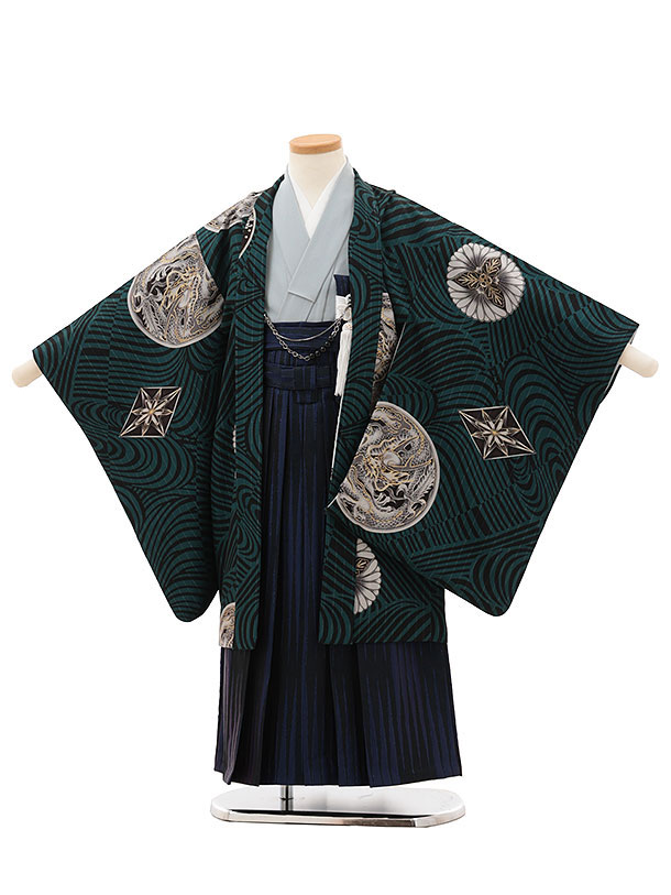 【賃借】お召しもの かんたん七五三(5歳男袴)X455 JAPANSTYLE 緑であること龍の丸×紫 5歳 袴（飾り気の無い着付け） フルセット お坊っちゃん 儀式用着 正月 5才 お坊っちゃん きもの賃借〔往復貨物輸送無料〕