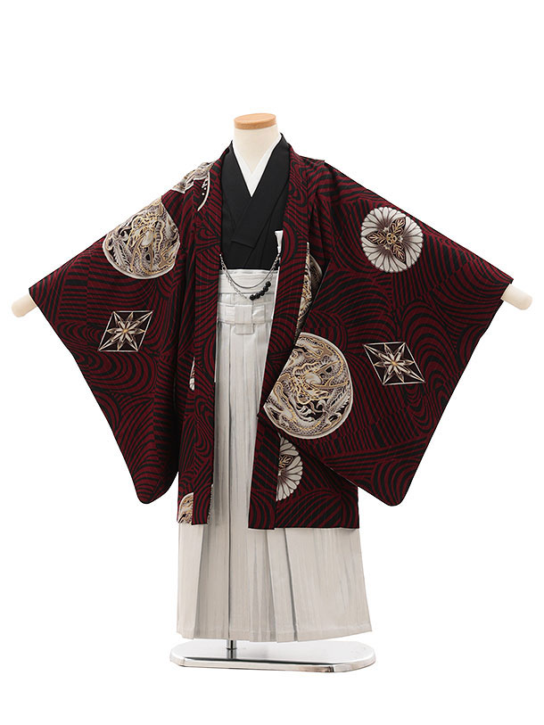【賃借】お召しもの かんたん七五三(5歳男袴)X456 JAPANSTYLE エンジ色龍の丸×白 5歳 袴（飾り気の無い着付け） フルセット お坊っちゃん 儀式用着 正月 5才 お坊っちゃん きもの賃借〔往復貨物輸送無料〕