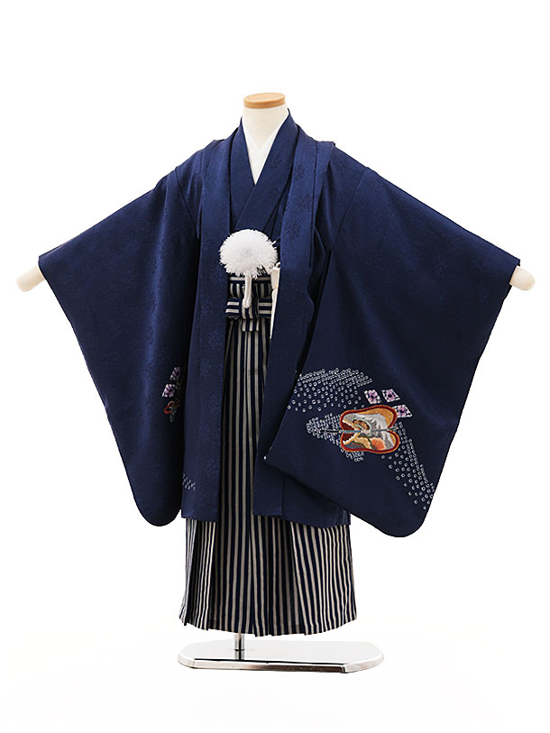 【レンタル】着物 七五三(5歳男袴)X576【高級正絹】紺地 刺繍鷹×紺縞 5歳 袴 フルセット 男の子 お祝い着 正月 5才 男児 きものレンタル〔往復送料無料〕