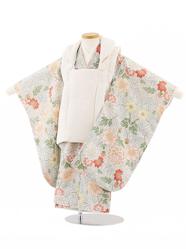 【レンタル】着物 七五三(3歳女児被布)4759 アイボリー×薄グレーガーデン 3歳 被布 フルセット 女の子 お祝い着 正月 3才 女児 きものレンタル〔往復送料無料〕