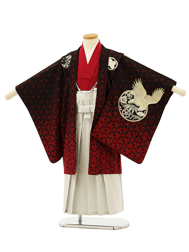 【賃借】お召しもの かんたん七五三(5歳男袴)5963JAPANSTYLE黒エンジ組子飾りつけに鷹×白袴 5歳 袴（飾り気の無い着付け） フルセット お坊っちゃん 儀式用着 正月 5才 お坊っちゃん きもの賃借〔往復貨物輸送無料〕