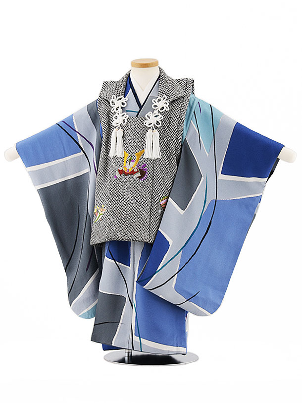 【レンタル】着物 七五三(3歳男児被布)W394【正絹】黒絞り兜×青グレー変わり柄 3歳 被布 フルセット 男の子 お祝い着 正月 3才 男児 きものレンタル〔往復送料無料〕