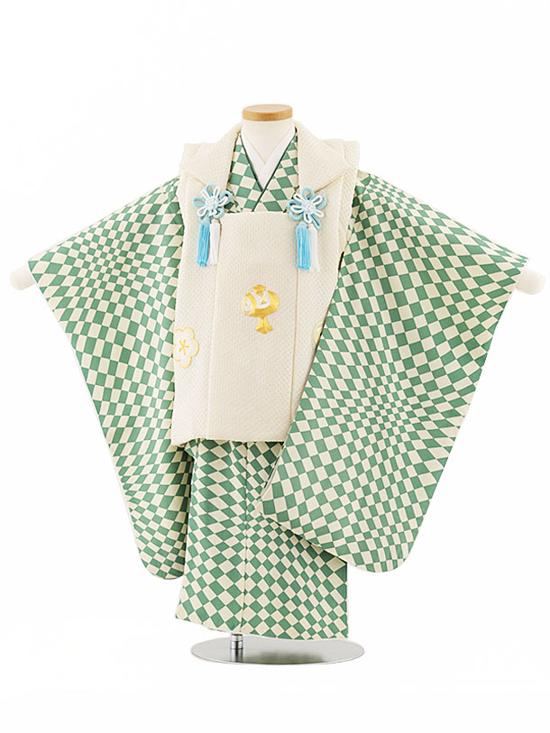 【レンタル】着物 七五三(3歳被布)W395【正絹】クリーム絞り金コマ刺繍宝尽くし×緑変わり柄 3歳 被布 フルセット 男の子 お祝い着 正月 3才 男児 きものレンタル〔往復送料無料〕