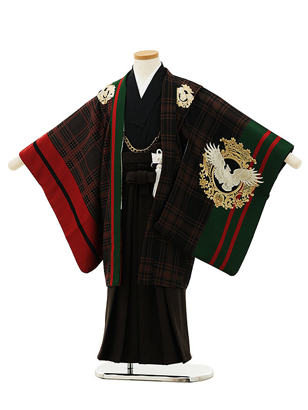 【賃借】お召しもの かんたん七五三(5歳男袴)X221シュセットブラウンチェック帆舟xこげ茶袴 5歳 袴（飾り気の無い着付け） フルセット お坊っちゃん 儀式用着 正月 5才 お坊っちゃん きもの賃借〔往復貨物輸送無料〕
