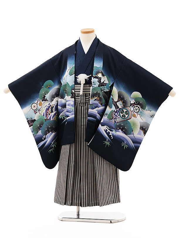 【レンタル】着物 かんたん七五三(5歳男袴)X299 紺地松波兜×黒縞 5歳 袴（簡単着付け） フルセット 男の子 お祝い着 正月 5才 男児 きものレンタル〔往復送料無料〕