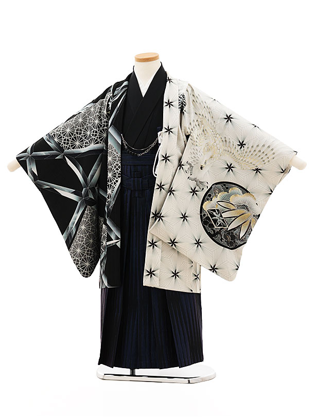 【賃借】お召しもの かんたん七五三(5歳男袴)X349 JAPANSTYLE モノクローム片身入り替わり切り子ガラス鷹×紫 5歳 袴（飾り気の無い着付け） フルセット お坊っちゃん 儀式用着 正月 5才 お坊っちゃん きもの賃借〔往復貨物輸送無料〕