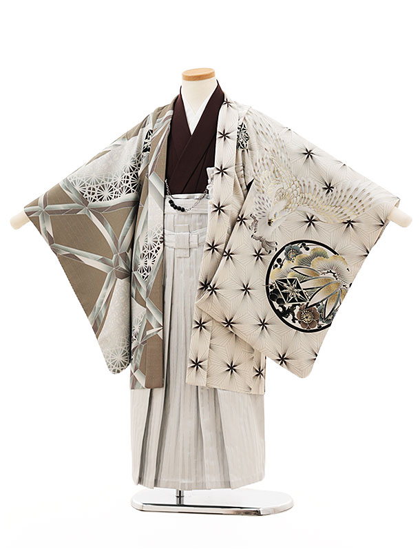 【賃借】お召しもの かんたん(5歳袴)X350 JAPANSTYLE  ﾓｶ白片身入り替わり切り子ガラス鷹×白 5歳 袴（飾り気の無い着付け） フルセット お坊っちゃん 儀式用着 正月 5才 お坊っちゃん きもの賃借〔往復貨物輸送無料〕