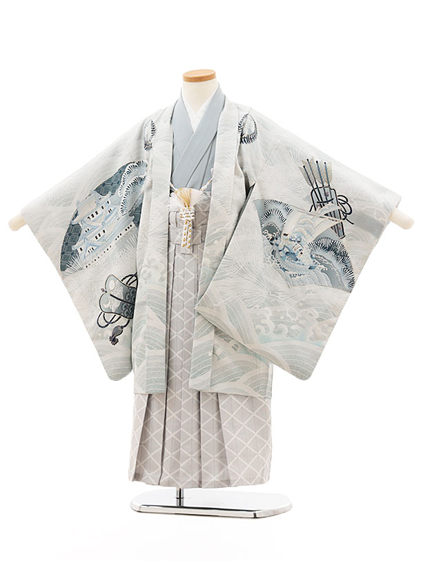【賃借】御召しもの かんたん七五三(5歳男袴)X353 華徒然 薄墨色大将×白薄墨色 5歳 袴（飾り気の無い着付け） フルセット 御坊っちゃん 御祭り着 正月 5才 御坊っちゃん きもの賃借〔往復貨物輸送無料〕