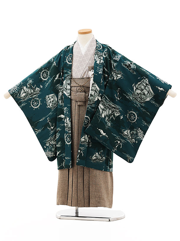 【賃借】お召しもの かんたん七五三(5歳男袴)X358 和風館 緑であること大綿津見×ベージュ 5歳 袴（飾り気の無い着付け） フルセット お坊っちゃん 儀式用着 正月 5才 お坊っちゃん きもの賃借〔往復貨物輸送無料〕
