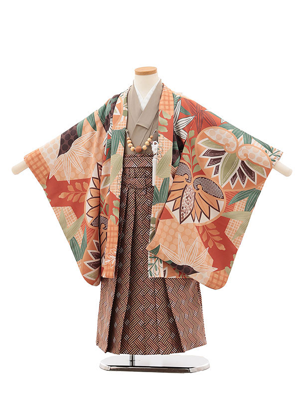 【賃借】お召しもの かんたん七五三(5歳男袴)X371 花わらべ 茶系葵×茶 5歳 袴（飾り気の無い着付け） フルセット お坊っちゃん 儀式用着 正月 5才 お坊っちゃん きもの賃借〔往復貨物輸送無料〕