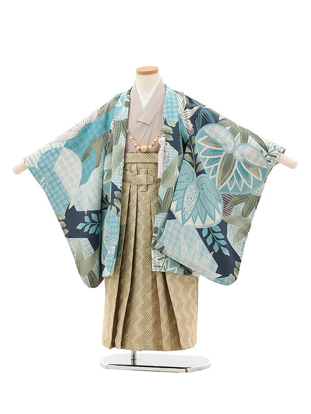 【賃借】御召しもの かんたん七五三(5歳男袴)X372 花わらべ 青み系葵×ベージュ 5歳 袴（飾り気の無い着付け） フルセット 御坊っちゃん 御祭り着 正月 5才 御坊っちゃん きもの賃借〔往復貨物輸送無料〕