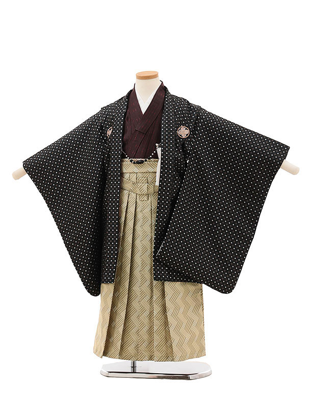【賃借】お召しもの かんたん七五三(5歳男袴)X373 花わらべ 黒小紋 紋付×ベージュ 5歳 袴（飾り気の無い着付け） フルセット お坊っちゃん 儀式用着 正月 5才 お坊っちゃん きもの賃借〔往復貨物輸送無料〕