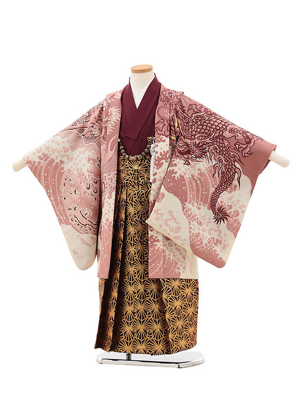 【賃借】お召しもの かんたん七五三(5歳男袴)X376 うすあずき色 波に龍×茶金 5歳 袴（飾り気の無い着付け） フルセット お坊っちゃん 儀式用着 正月 5才 お坊っちゃん きもの賃借〔往復貨物輸送無料〕