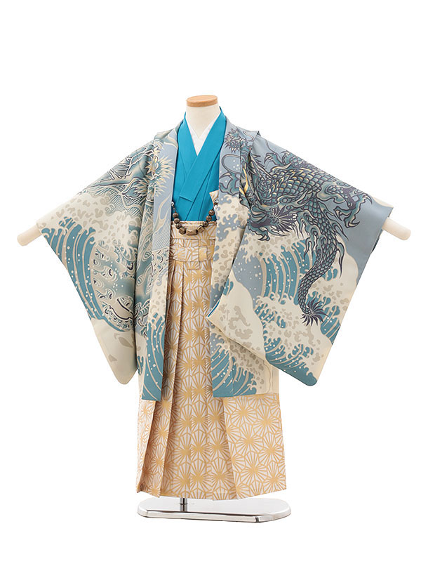 【賃借】お召しもの かんたん七五三(5歳男袴)X377 水色 波に龍×白金 5歳 袴（飾り気の無い着付け） フルセット お坊っちゃん 儀式用着 正月 5才 お坊っちゃん きもの賃借〔往復貨物輸送無料〕