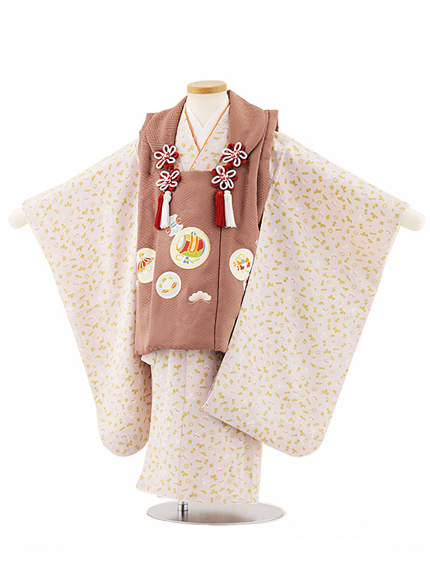 [Rental] Kimono for Shichi-Go-San (3-year-old girl's hifu) 4765 [Pure Silk] Mocha Brown Round Pattern x Light Pink Treasure Rabbit 3-year-old girl's hifu full set Celebration wear New Year's 3-year-old girl's kimono rental [Free round-trip shipping]