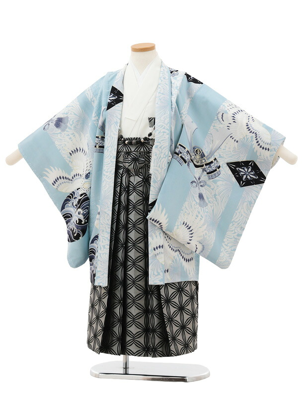 【賃借】御召しもの かんたん七五三(5歳男袴)X778 JAPANSTYLE 水色鷹に乱菊縞×薄墨色 5歳 袴（飾り気の無い着付け） フルセット 御坊っちゃん 御祭り着 正月 5才 御坊っちゃん きもの賃借〔往復貨物輸送無料〕