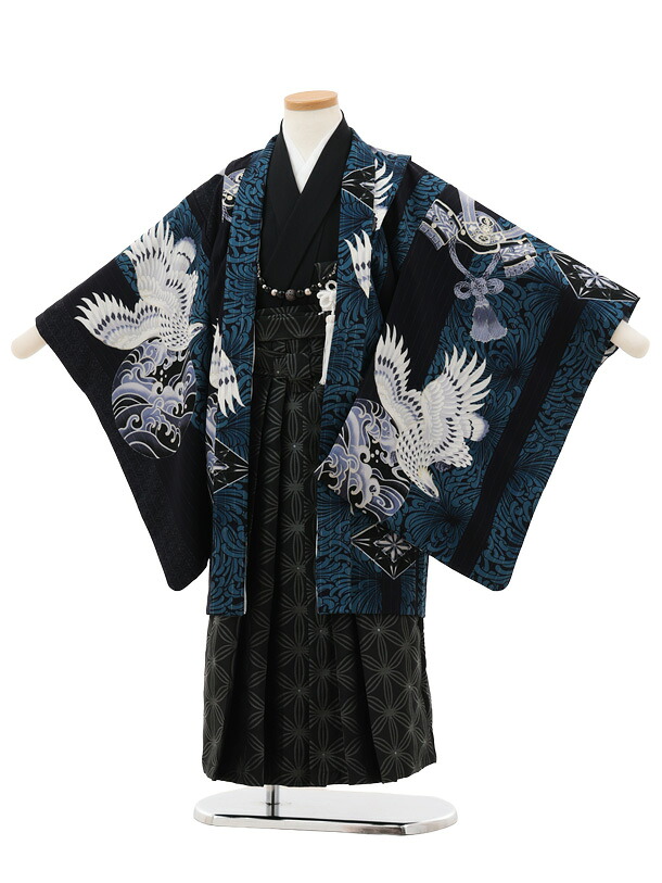 【賃借】お召しもの かんたん七五三(5歳男袴)X779 JAPANSTYLE 紺地鷹に乱菊縞×黒 5歳 袴（飾り気の無い着付け） フルセット お坊っちゃん 儀式用着 正月 5才 お坊っちゃん きもの賃借〔往復貨物輸送無料〕