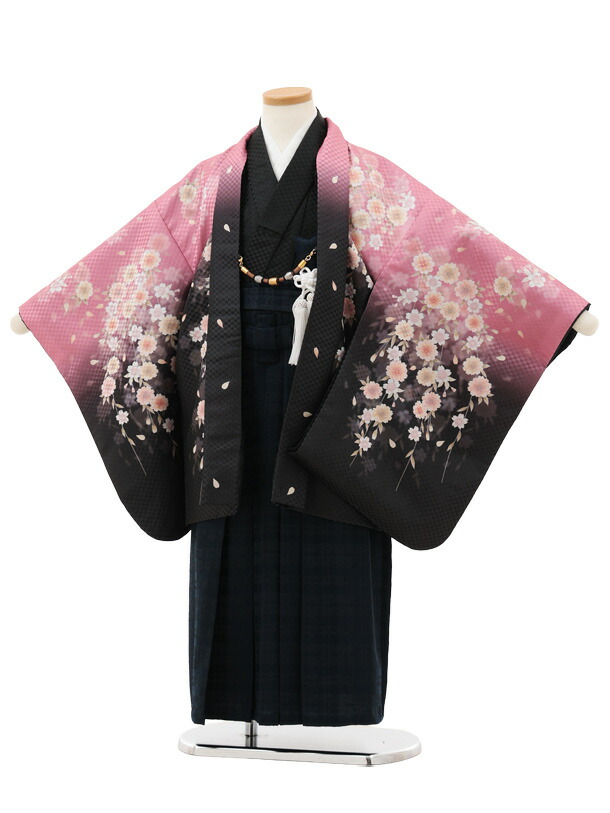 【レンタル】着物 かんたん七五三(5歳男袴)X795 ピンク黒ぼかし桜×ネイビーチェック 5歳 袴（簡単着付け） フルセット 男の子 お祝い着 正月 5才 男児 きものレンタル〔往復送料無料〕 7,350円
