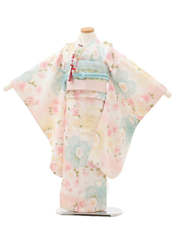 【レンタル】着物 七五三(5歳女児)0667 白ピンクぼかし 八重桜 5歳 結び帯 フルセット 女の子 お祝い着 正月 5才 女児 きものレンタル〔往復送料無料〕