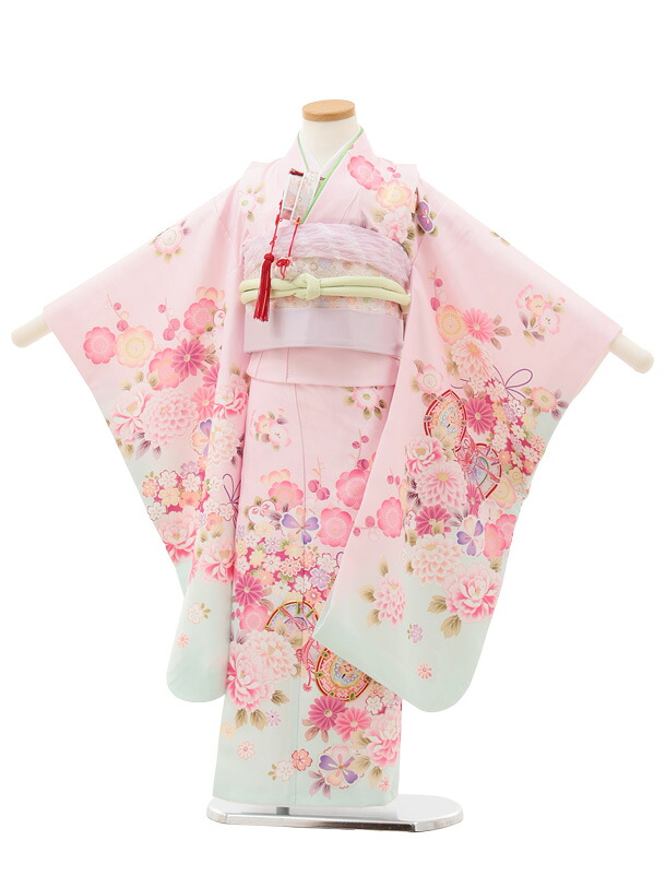【賃借】御召しもの 七五三(5歳お嬢さん)0671 さくら色 裾薄ペパーミント 鼓に花 5歳 挙げ句の果て帯 フルセット お嬢さん 祝賀会着 正月 5才 お嬢さん きもの賃借〔往復貨物輸送無料〕
