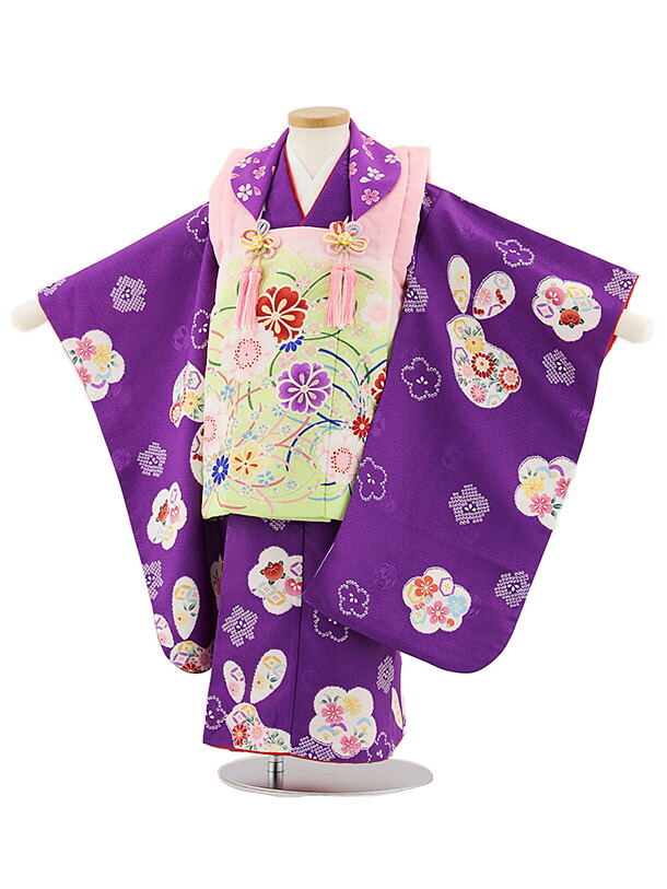 【レンタル】着物 七五三レンタル(3歳女児被布)4788 ピンク×紫梅花 3歳 被布 フルセット 女の子 お祝い着 正月 3才 女児 きものレンタル〔往復送料無料〕
