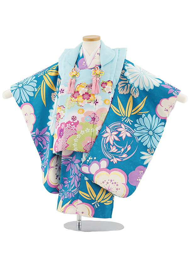 【レンタル】着物 七五三レンタル(3歳女児被布)4802 水色桜×ターコイズ梅菊 3歳 被布 フルセット 女の子 お祝い着 正月 3才 女児 きものレンタル〔往復送料無料〕