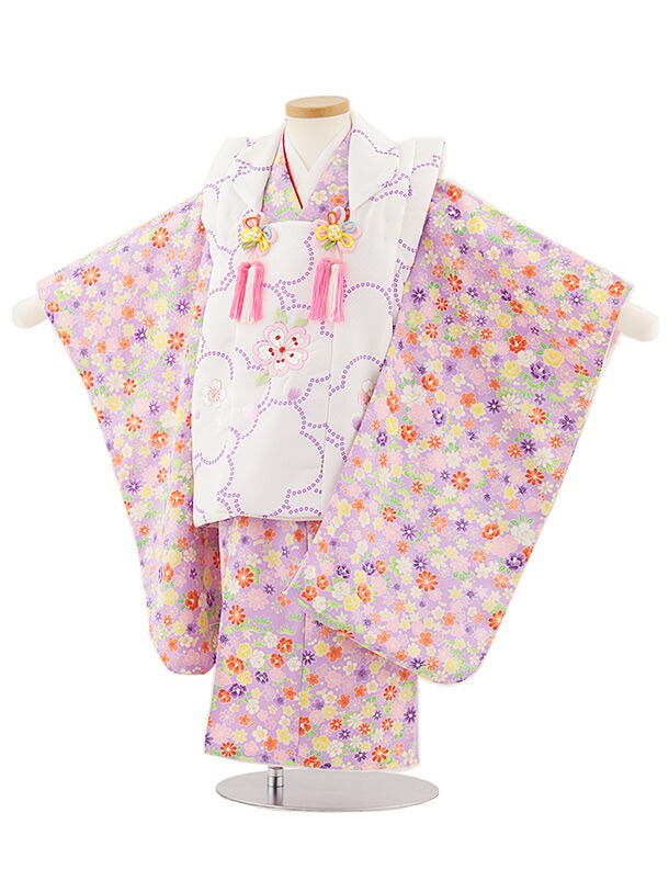 【レンタル】着物 七五三レンタル(3歳女児被布)4804 白刺繍桜×パープル小花 3歳 被布 フルセット 女の子 お祝い着 正月 3才 女児 きものレンタル〔往復送料無料〕