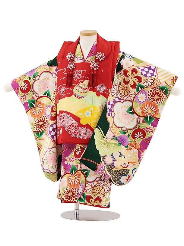 【レンタル】着物 七五三レンタル(3歳女児被布)4834 赤鞠×緑梅菊橘 3歳 被布 フルセット 女の子 お祝い着 正月 3才 女児 きものレンタル〔往復送料無料〕