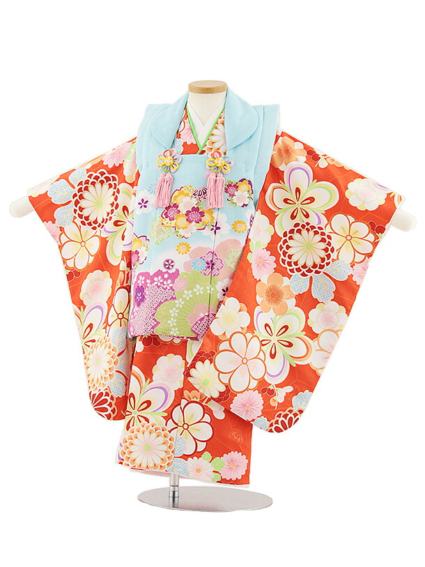 【レンタル】着物 七五三レンタル(3歳女児被布)4841 水色桜×オレンジ梅菊 3歳 被布 フルセット 女の子 お祝い着 正月 3才 女児 きものレンタル〔往復送料無料〕