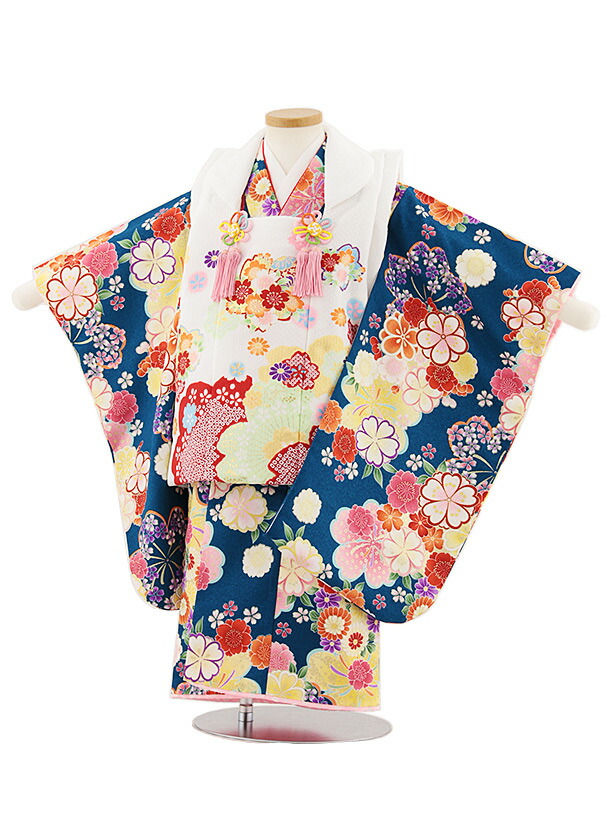 【レンタル】着物 七五三レンタル(3歳女児被布)4842 白地桜×青緑桜菊 3歳 被布 フルセット 女の子 お祝い着 正月 3才 女児 きものレンタル〔往復送料無料〕