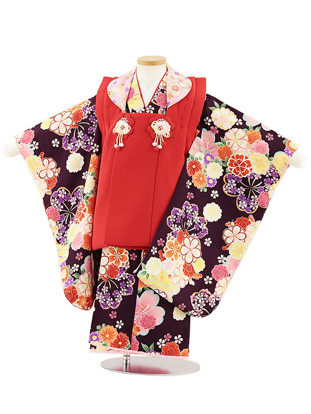 【レンタル】着物 七五三レンタル(3歳女児被布)4848 赤×紫桜菊 3歳 被布 フルセット 女の子 お祝い着 正月 3才 女児 きものレンタル〔往復送料無料〕