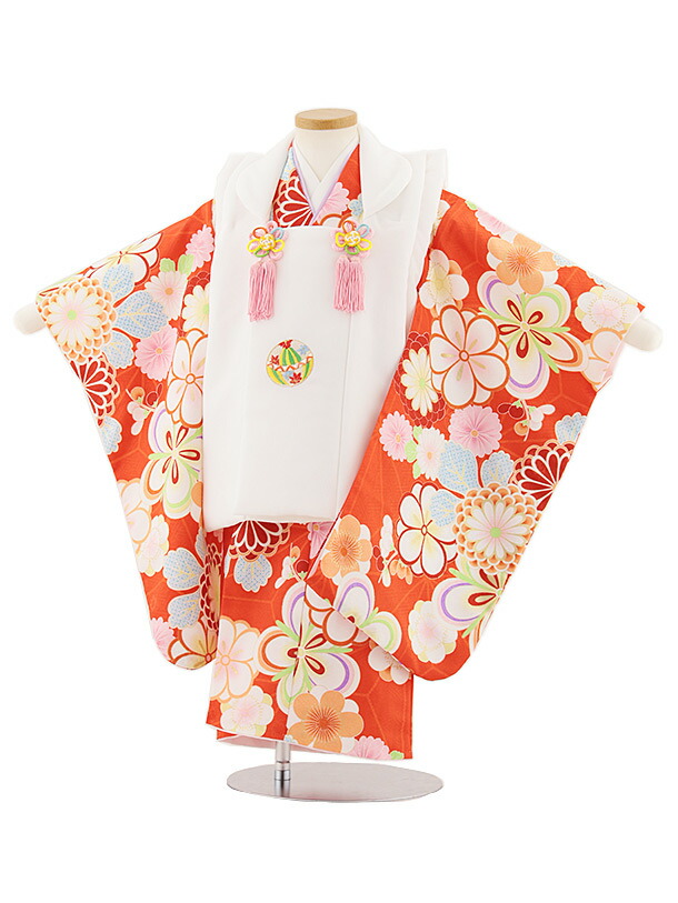 【レンタル】着物 七五三レンタル(3歳女児被布)4862 白刺繍鞠×オレンジ梅菊 3歳 被布 フルセット 女の子 お祝い着 正月 3才 女児 きものレンタル〔往復送料無料〕
