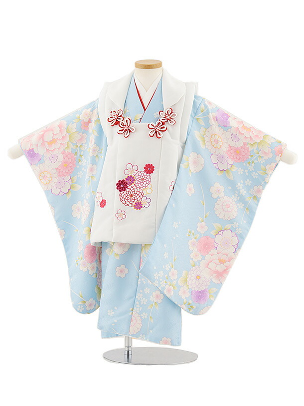 【レンタル】着物 七五三レンタル(3歳女児被布)4865 白花刺繍×水色菊桜牡丹 3歳 被布 フルセット 女の子 お祝い着 正月 3才 女児 きものレンタル〔往復送料無料〕