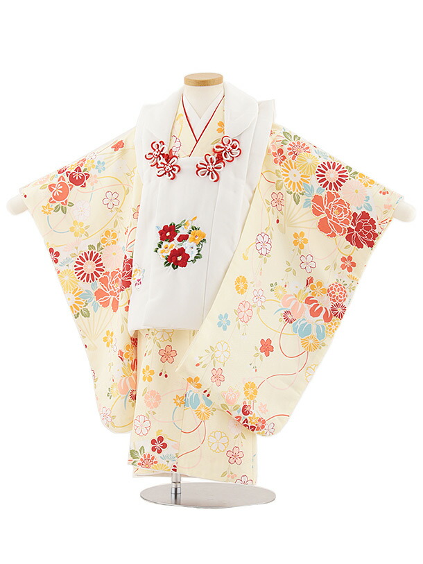 【レンタル】着物 七五三レンタル(3歳女児被布)4868 白刺繍花丸×クリーム扇と古典花 3歳 被布 フルセット 女の子 お祝い着 正月 3才 女児 きものレンタル〔往復送料無料〕